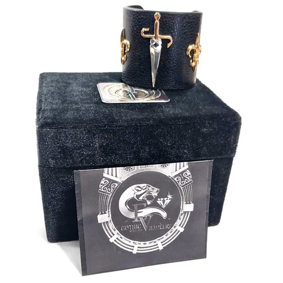 14-18 KT Yellow Gold Bangle Cuff Bracelet Studded Grained Leather - Picture 7 of 12